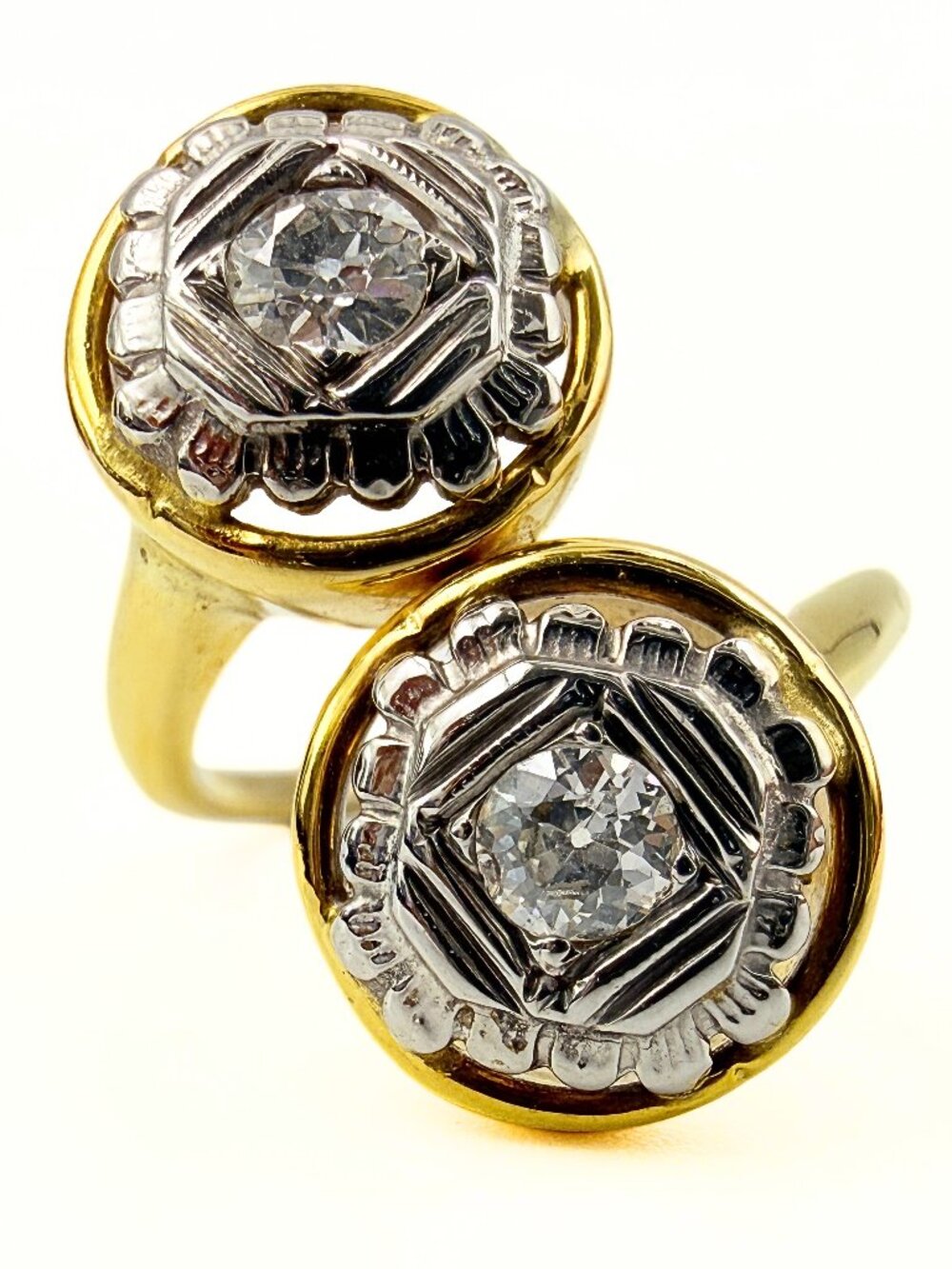 Captivating Signed Edwardian Two Tone 14K Gold Toi Et Moi Diamond Ring Ss 5.5